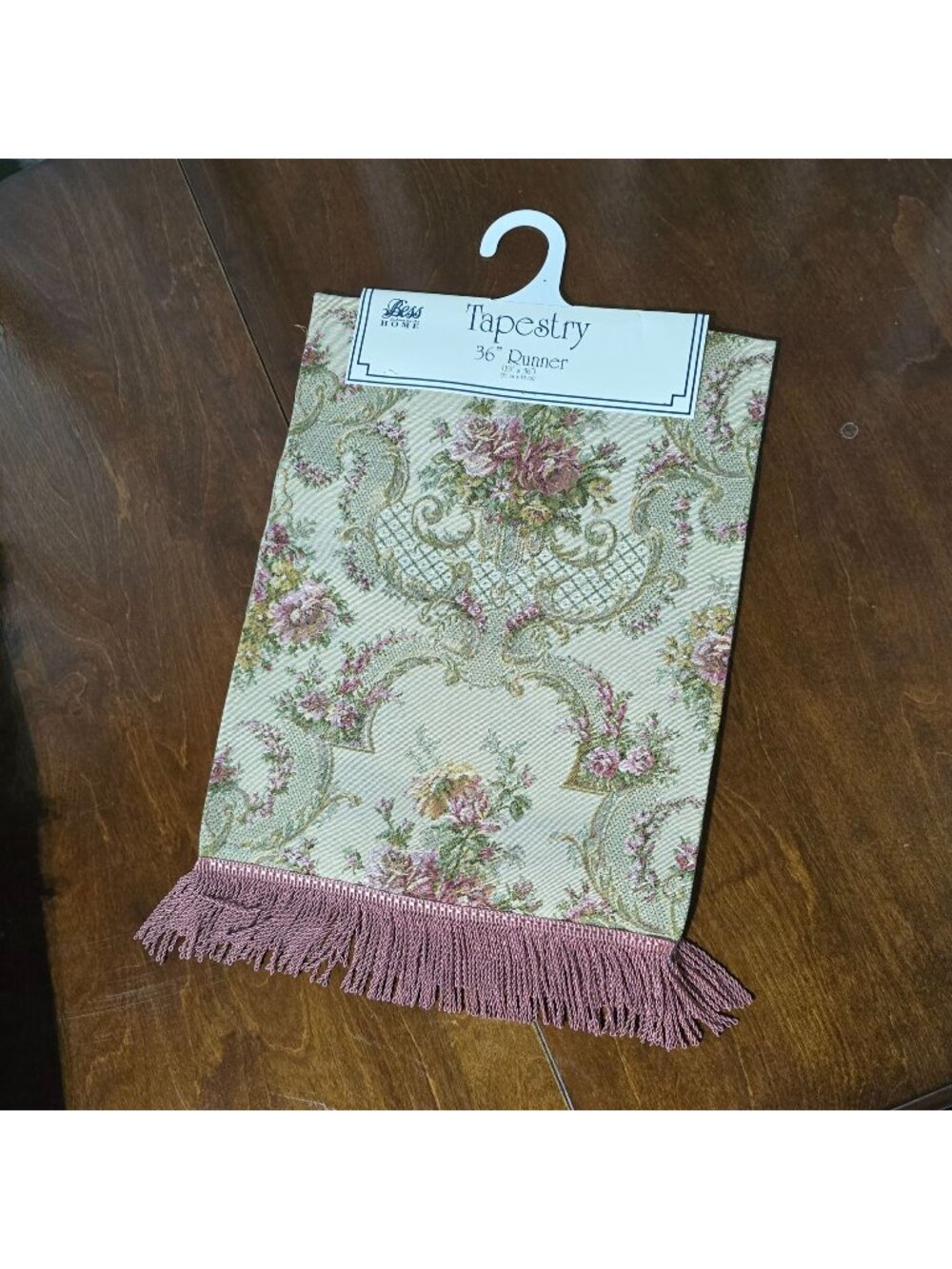 Vtg Tapestry Table Runner With Floral Design & Fringe 36" Victorian Scroll USA